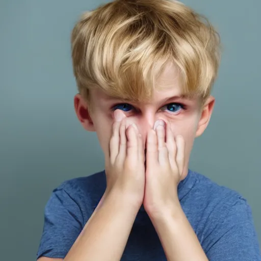 Image similar to portrait of a boy with his hand on his face, extremely realistic and real, photorealistic, blonde hair and blue eyes, detailed facial structure, real eyes that are detailed, real hands