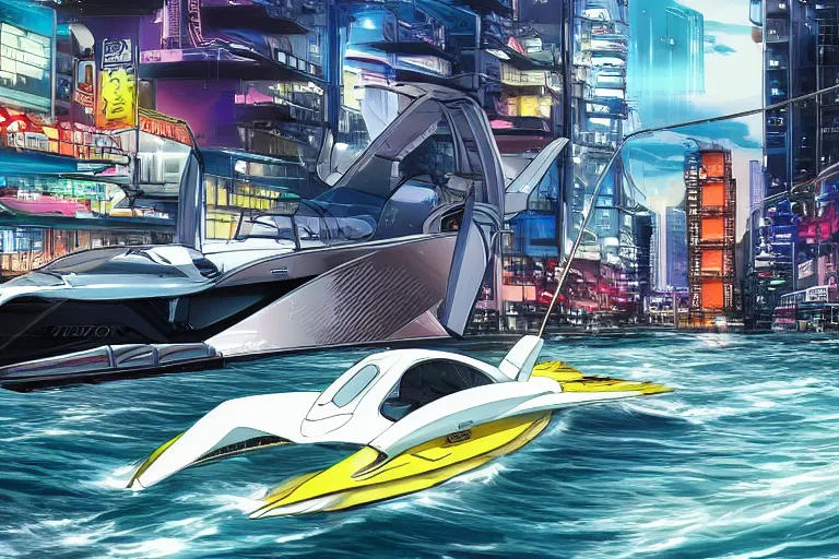 Prompt: speedboat Axopar 37 going full speed in front of shoreline city in anime cyberpunk style by Hayao Miyazaki