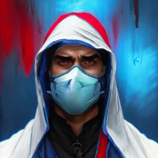 Prompt: ultra realistic illustration, man with black hair with a black medical mask, in blue hood, red and blue eyes, highly detailed, digital painting, artstation, concept art, smooth, sharp focus, illustration, art by artgerm and greg rutkowski and alphonse mucha