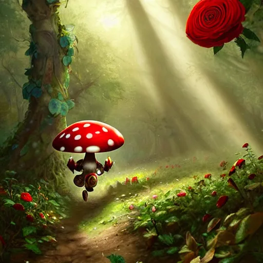 Prompt: portrait of Toad, running through a forest, in the Mushroom Kingdom, giant red and white spotted mushrooms, and roses, from behind, Castle in distance, birds in the sky, sunlight and rays of light shining through trees, beautiful, solarpunk!!!, highly detailed, digital painting by Michael Garmash and Peter Mohrbacher