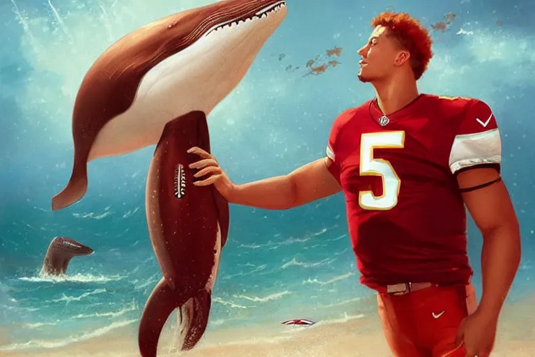 Image similar to a whale who loves patrick mahomes and the nfl by greg rutkowski, rossdraws, gil elvgren, enoch bolles, anime, very coherent