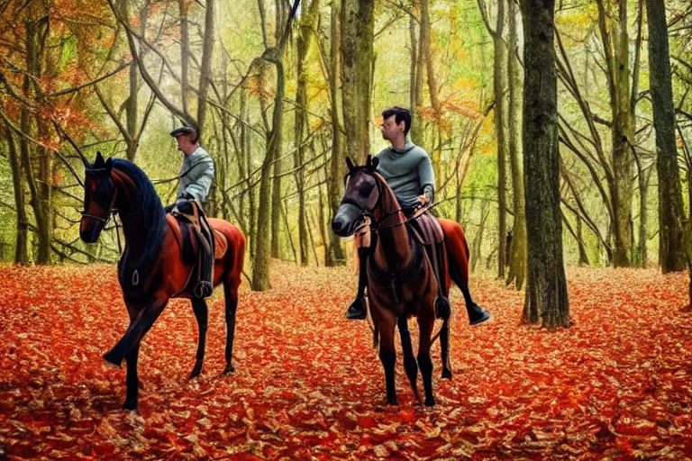 Image similar to attractive man riding a horse in the woods with falling red leaves, ghibli style