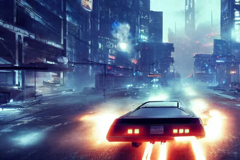 Prompt: photo of the back to the future combat delorean driving on wet post apocalyptic dystopian cyberpunk city streets at night, rocket league, mad max, action, speed, volumetric lighting, hdr, gta 5, makoto shinkai, syd mead, craig mullins, cinematic, fast and furious, octane, 8 k, iso 1 0 0, 1 2 mm