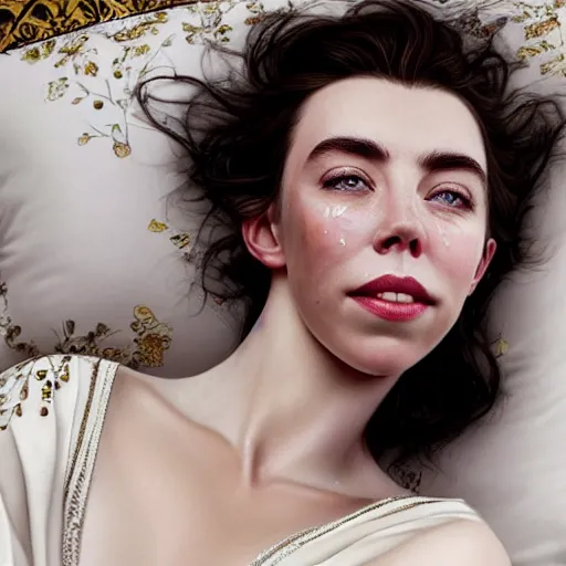 Image similar to stunning photo of dark - haired goddess vanessa kirby smiling, laying back on a pillow, with white tears all over her face, a beautiful closeup, wet lips, perfect eyes, insanely detailed, elegant, by mucha, wlop, rutkowski, livia prima