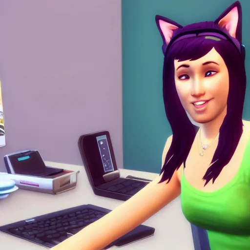 Prompt: cute woman wearing tank top and cat ears plays on computer, sims 4 graphics style