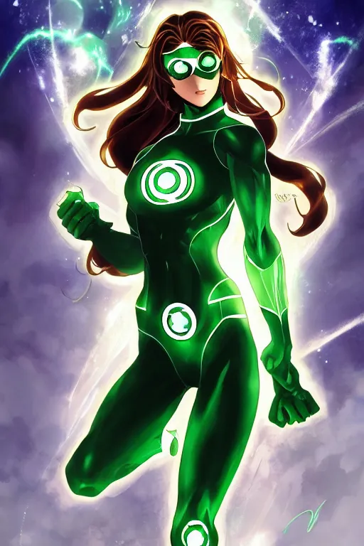 Image similar to anime key visual of a beautiful female green lantern! intricate, suit, powers, speed, goddess, dc comics, cinematic, stunning, highly detailed, digital painting, artstation, smooth, hard focus, illustration, character concepts by senior concept artist art by artgerm and greg rutkowski and alphonse mucha