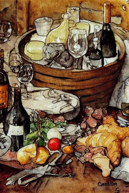 Image similar to pork, meat, schnapps, wine, candle on a barrel in a cellar, watercolor painting by anderz zorn and carl larsson