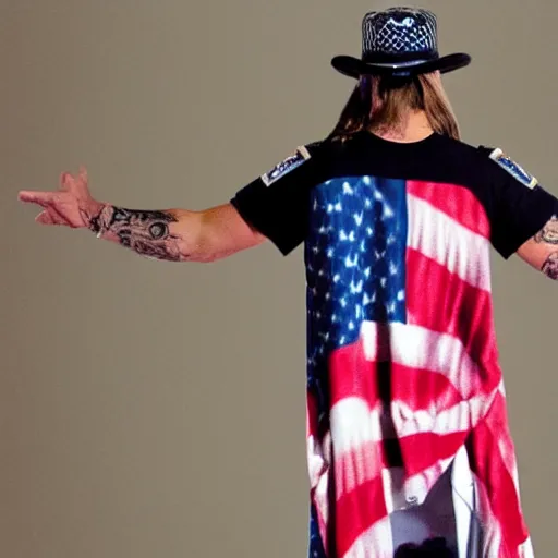 Image similar to kid rock being arrested for disparaging the american flag by wearing it as a dress, highly detailed, photographic, 4 k