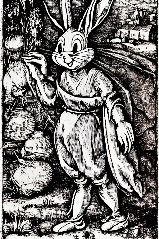 Prompt: bugs bunny of the apocalypse, pen and ink illustration / renaissance woodcut by albrecht durer 1 4 9 6, 1 2 0 0 dpi scan, ultrasharp detail, hq scan, intricate details, stylized border