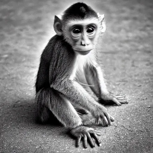 Prompt: cute baby monkey full body photo, ILFORD XP2 Super
