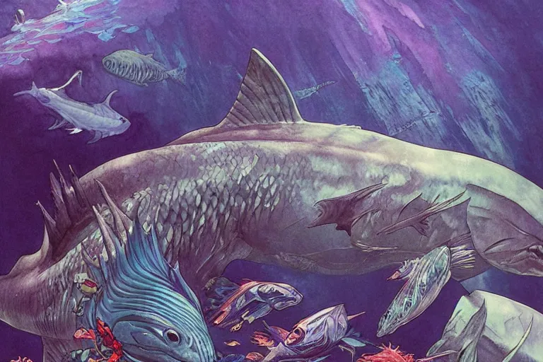 Image similar to an ichthyosaurus swimming among fish in a deep purple and blue ocean of evil intent, water color, art by artgerm and greg rutkowski and alphonse mucha and jin xiaodi and anthony devine