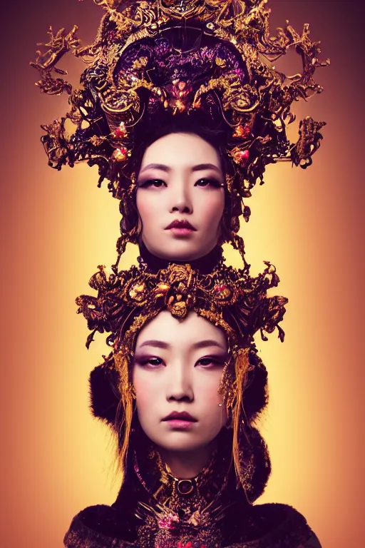 Image similar to a beautiful empress portrait, with a brilliant, impossible striking big cosmic galaxy headpiece, clothes entirely made out of cosmos chaos energy, symmetrical, dramatic studio lighting, rococo, baroque, jewels, asian, hyperrealism, closeup, D&D, fantasy, intricate, elegant, highly detailed, digital painting, artstation, octane render, 8k, concept art, matte, sharp focus, illustration, art by Artgerm and Greg Rutkowski and Alphonse Mucha