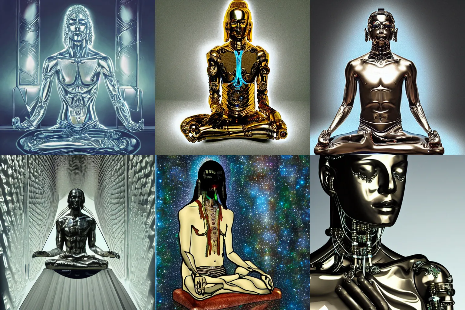 Prompt: a metallic cyborg with glass details experiencing nirvana while meditating, hyperrealistic