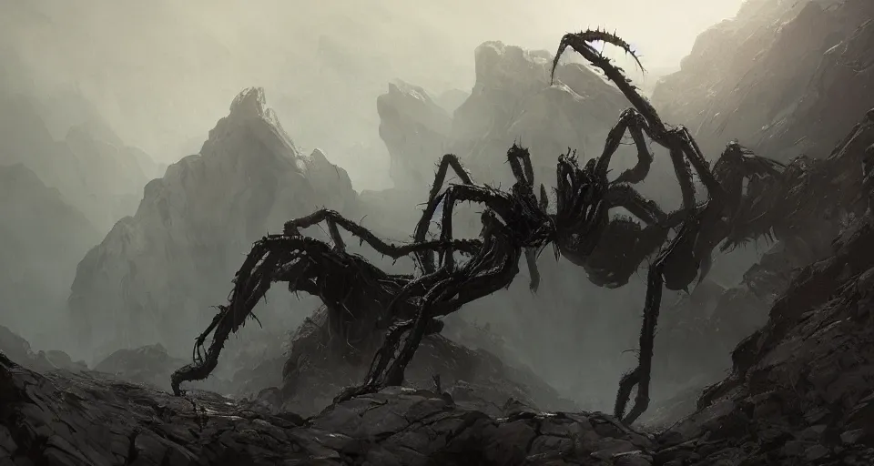 Image similar to a giant eldritch spider monster crawling across a misty mountainous landscape, dramatic lighting, illustration by francois baranger, greg rutkowski, yoji shinkawa, 4 k, digital art, concept art, trending on artstation