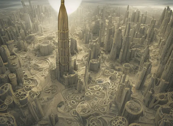 Image similar to cover concept art of the lost sand city, levitating sand, golden towers, golden pillars, palm trees, space and time, floating objects, post-processing, in the style of Hugh Ferriss, Behance, Artgerm. High detail, ultra realistic render, octane, 3D, photorealism, symmetric, cinematic from the academyumbrella