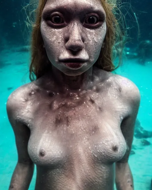 Prompt: detailed eyes, face of an underwater human descendant fishwoman, darkness, macro lens, very deep sea, mariana trench, teeth, dark, hd, dagon, fishpeople