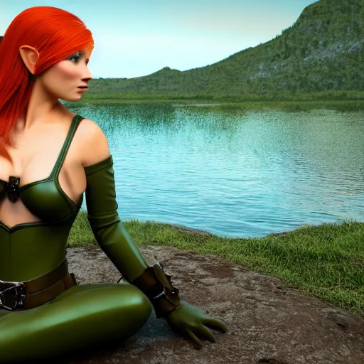 Prompt: beautiful female redhead elf warrior wearing olive green leather, sitting next to a beautiful lake at sunset, enjoying the wind, looking at the water. 8 k ultra realistic, award winning, unreal engine 5, masterpiece, atmosphere glow, hyperrealistic, focused, extreme details, cinematic