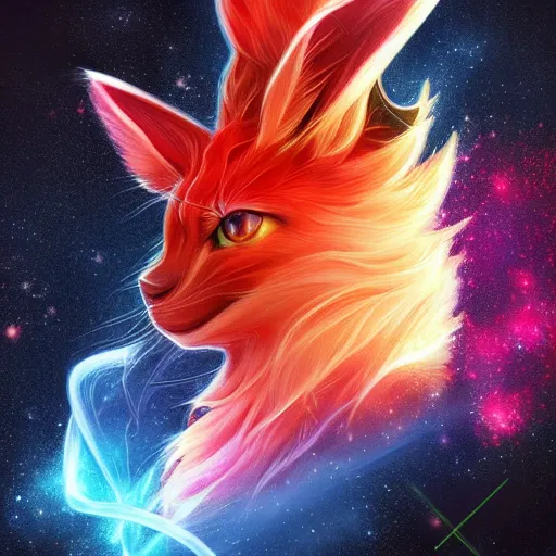 Image similar to geometric symmetrical flareon with galaxy eyes in space, nebula in the background, intricate, elegant, highly detailed, digital painting, artstation, concept art, smooth, sharp focus, illustration, art by artgerm