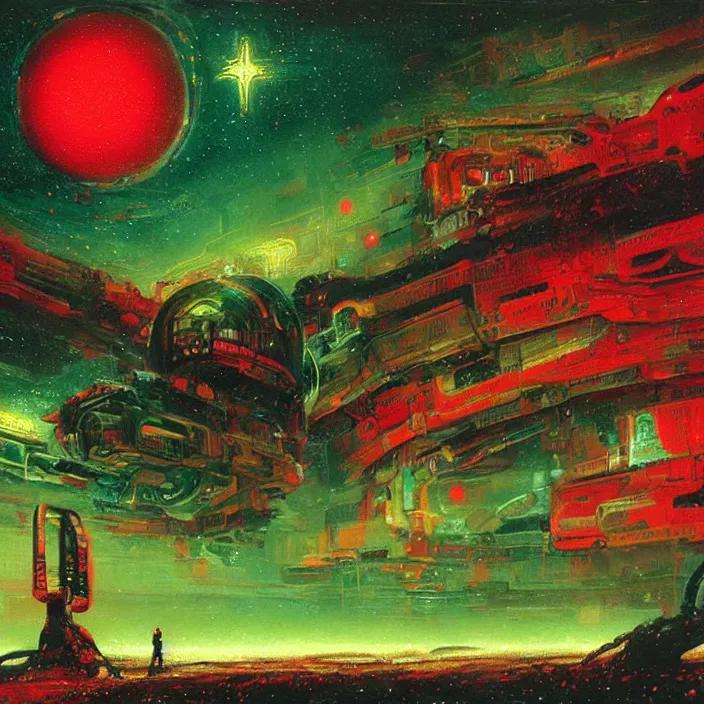 Prompt: gargantuan disappointment, red and green palette, night lights, starry sky, by ( h. r. giger ) and paul lehr