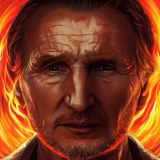 Image similar to Liam Neeson as the prophet Elijah calling down fire, symmetrical, smooth, sharp focus, art by magali villeneuve and art germ, concept art, very high quality