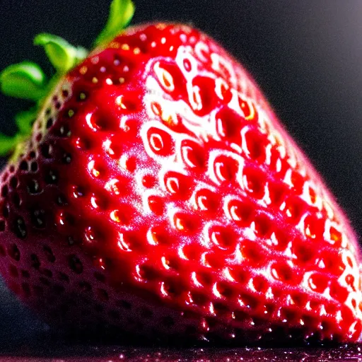 Image similar to a macro photo of a wet strawberry, hyper realistic, hyper detailed, 35mm, very grainy film, pink volumetric studio lighting, bokeh, black background award winning shot, vogue magazine, cinematic, 8k, very closeup, elegant, tender, pastel