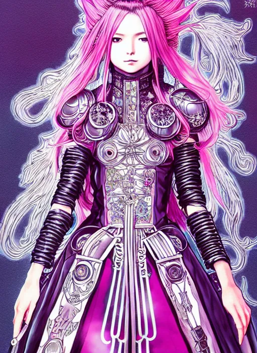 Image similar to final fantasy highly detailed terada katsuya artgerm artstation minaba hideo manga poster of princess mechine, long hair, armor, dress, laces, ruffles, 8 k, fluorescent, maximalist, jump comics, tomer hanuka