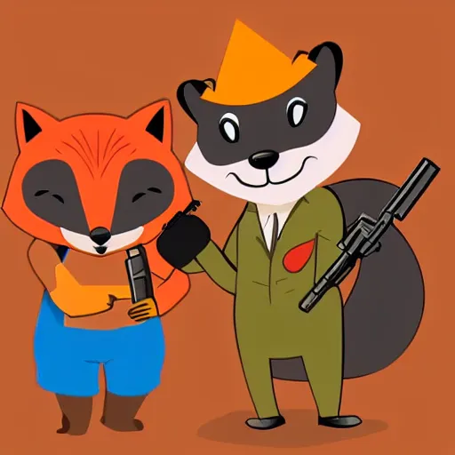 Prompt: beaver and fox with gun at party