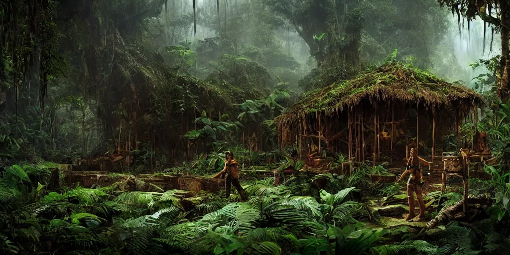 Image similar to amazon jungle, wall wood fortress, Photorealistic, plants environment, wide angle, establishing shot, cinematic lighting, atmospheric, realistic, octane render, highly detailed, color graded, matte painting in the style of craig mullins