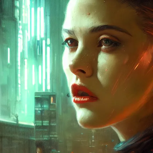 Image similar to detailed face of a woman, moment, cyberpunk cloisters, displays, tech noir, wet reflections, atmospheric, ambient, speed painting, livia prima, greg rutkowski, edward hopper