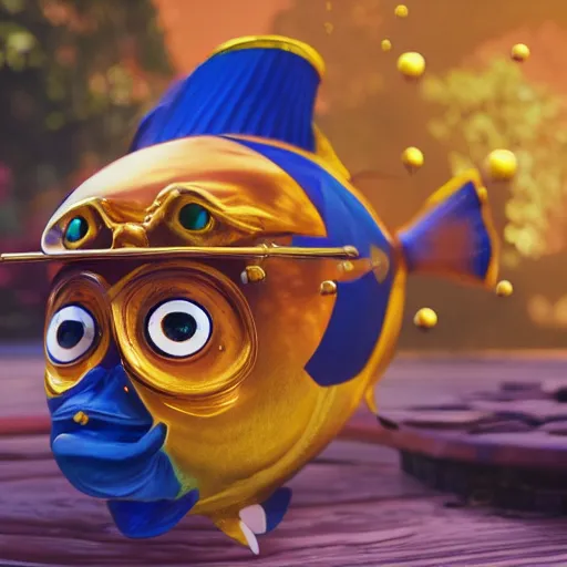 Prompt: golden fish with the monocle and top-hat, realistic, 4k, real world, realistic cinematic,