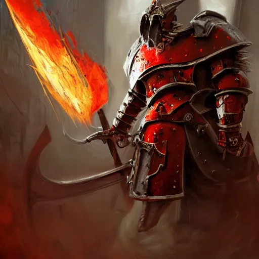 Image similar to champion of khorne in heavy armor holding a flaming sword, artstation hall of fame gallery, editors choice, #1 digital painting of all time, most beautiful image ever created, emotionally evocative, greatest art ever made, lifetime achievement magnum opus masterpiece, the most amazing breathtaking image with the deepest message ever painted, a thing of beauty beyond imagination or words