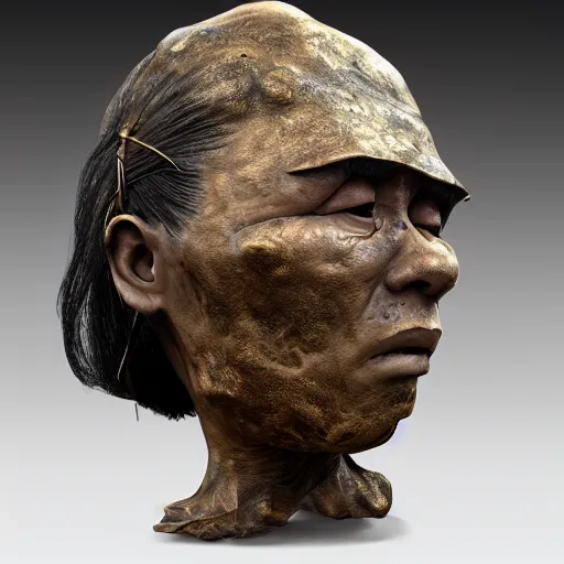 Image similar to photorealistic fossilised bronze sculpture face portrait of chinese uyghur muslim prisoner, wearing victorian rags, elite, disfigured, drooling, moist, unnatural movement, they are unhappy, bizzaro, renaissance, by emedios varo and anato finnstark and fenghua zhong and giacometti, hyperrealism, 8 k, 3 d, masterpiece, texture