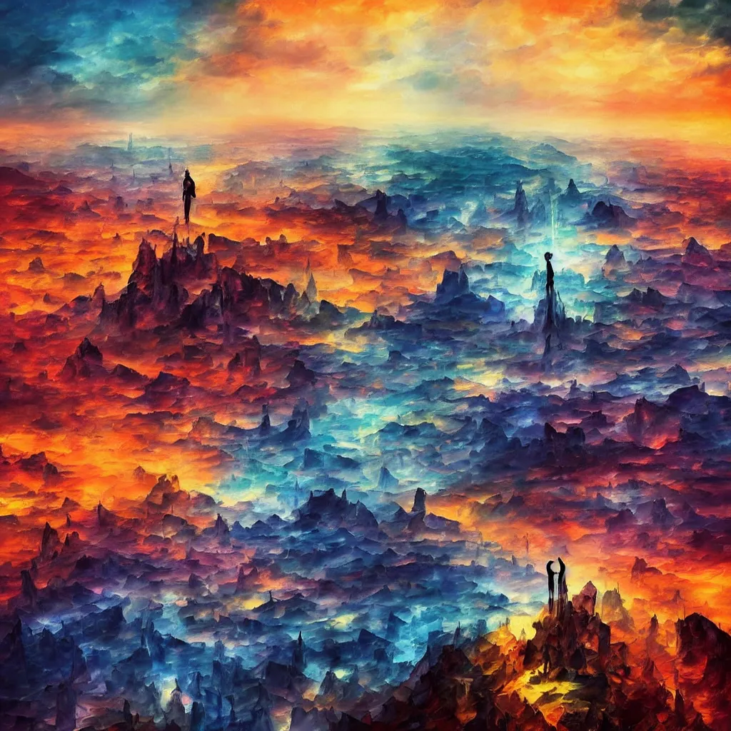 Image similar to the crowned king!!! looking mad with anger in his eyes, looking down on the city of blood and prisms from above the mountain, night skies, dramatic light, hyperrealistic, colorful skies, digital art, studio portrait absurdly beautiful, elegant, graceful, alena aenami, leonid afremov, wayne barlowe