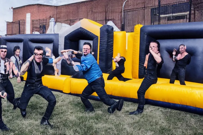 Image similar to rammstein band playing in a bouncy castle