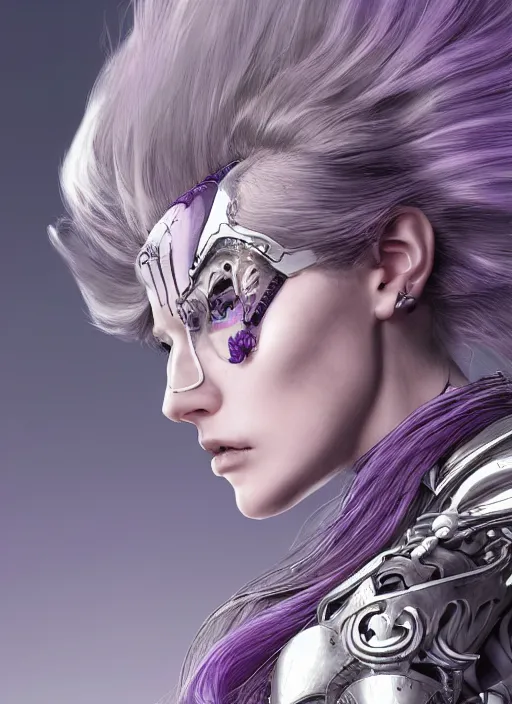 Prompt: close up portrait of a pale woman in bionic armor with purple ponytail hair, elegant, stoic, intense, ultrafine hyperdetailed illustration by kim jung gi, irakli nadar, intricate linework, sharp focus, octopath traveler, yoji shinkawa, highly rendered, global illumination, radiant light, detailed, intricate environment