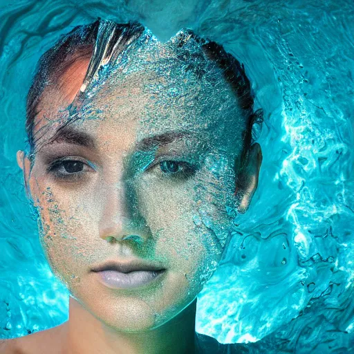 Image similar to water artwork manipulation in the shape of a human head, on the ocean water, futuristic, neon, magma, ray tracing, realistic water sharp focus, long shot, 8 k resolution, cinematic, surreal water art