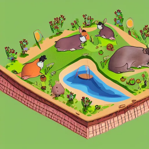 Image similar to isometric view of an island full of guinea pigs and rabbits