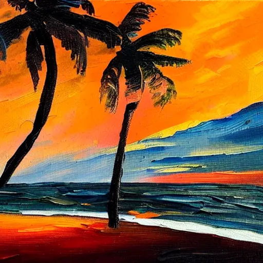 Prompt: a very very small island! beautiful woman!! fireplace!! palm trees, dark very late evening cloudy sunset, dramatic and dynamic lighting, thick brush strokes oil impasto painting