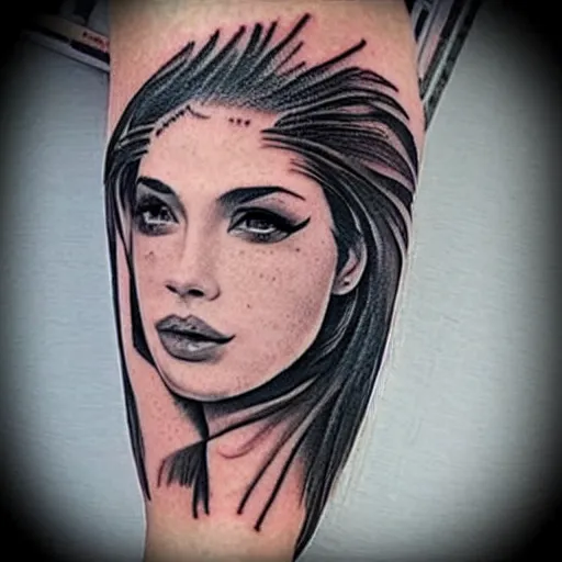 Image similar to tattoo design sketch of a beautiful girl face and beautiful mountains, hyper realistic