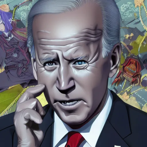 Prompt: photorealistic Joe Biden if he were an evil anime villain, anime key visual, evil, chaos, ornate, horror, detailed, colorful, digital art, anime screenshot, kyoto animation, makoto shinkai, trending on artstation