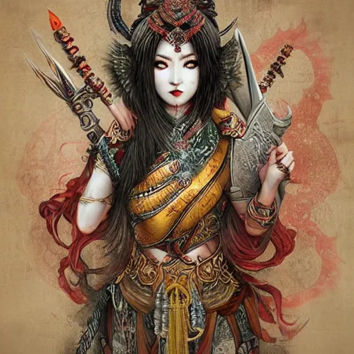 Image similar to Apsaras warrior with weapons ,traditional Chinese textures, hyper detailed, smooth,by Brook Shaden