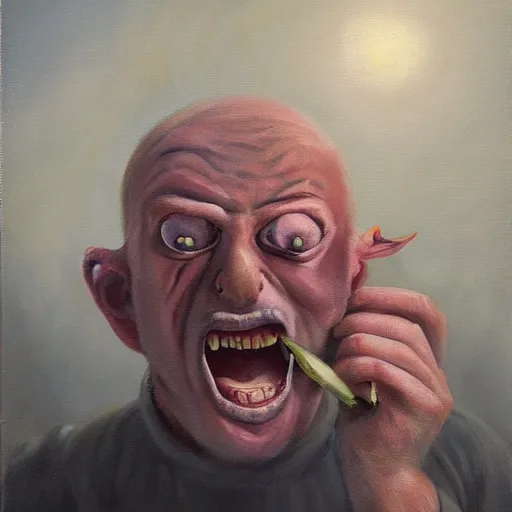 Prompt: horrified man screaming with open mouth and carrots protruding from his eyeballs, foggy atmosphere, oil painting