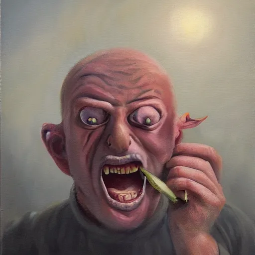 Image similar to horrified man screaming with open mouth and carrots protruding from his eyeballs, foggy atmosphere, oil painting