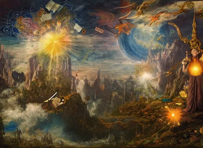 Image similar to a beautiful and highly detailed matte painting of magical tarot cards floating in the midst of magical explosions, intricate details, epic scale, insanely complex, 8 k, sharp focus, hyperrealism, very realistic, by caspar friedrich, albert bierstadt, james gurney, brian froud,