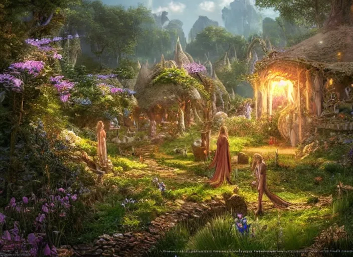 Image similar to winged female elves in the shire scenery landscape, lord of the rings, mushroom house, flowers, highly detailed, perfect lighting, perfect composition, 8 k, artgerm, derek zabrocki, greg rutkowski