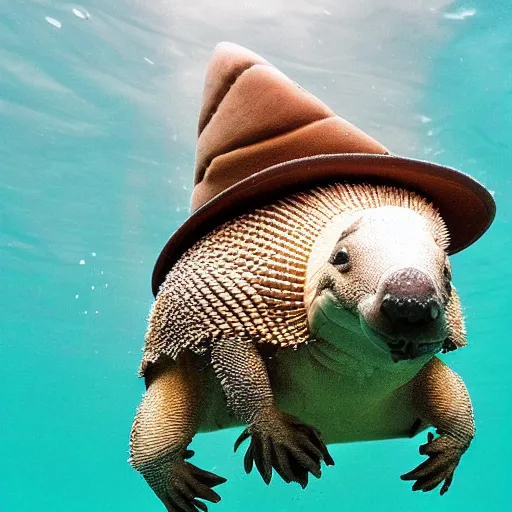 Prompt: an armadillo wearing a hat underwater