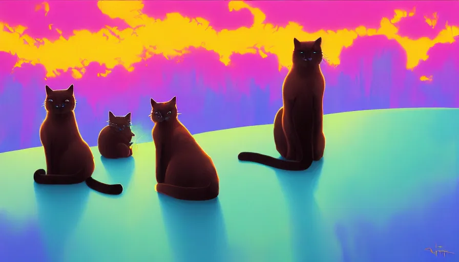 Image similar to contemporary semi abstract acrylic painting of really tall sitting cats by makoto shinkai, by lisa frank, by greg rutkowski, thick brush strokes and visible paint layers, multicolor color scheme