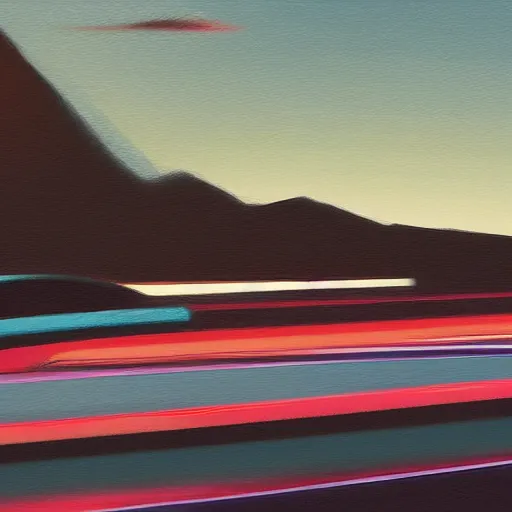 Prompt: detailed painting of a car driving along the pacific coast highway, midnight, synthwave, concept art