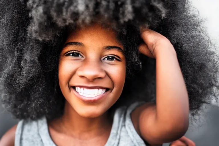 Image similar to still photo of an african american girl smiling at the camera on the street, black and white color aesthetic, highly detailed, photorealistic portrait, bright studio setting, studio lighting, crisp quality and light reflections, unreal engine 5 quality render