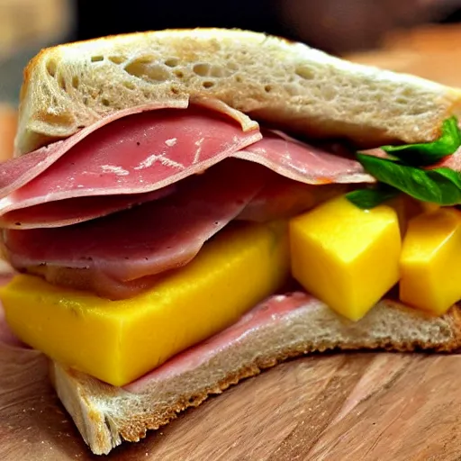Prompt: sandwich with mortadella and honey and mango, bad, grainy and blurry amateur photo